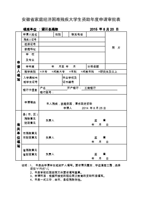 安徽家庭经济困难残疾大学生资助申请审批表.doc