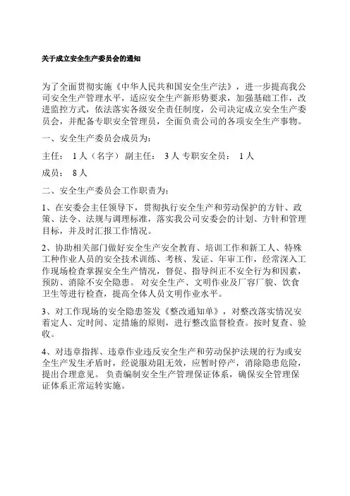 关于成立安全生产委员会的文件