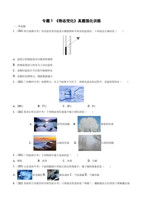 2022年中考物理复习-专题3 物态变化 真题强化训练【无答案】