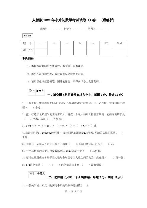 人教版2020年小升初数学考试试卷(I卷) (附解析)