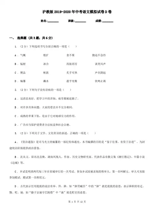 沪教版2019-2020年中考语文模拟试卷D卷