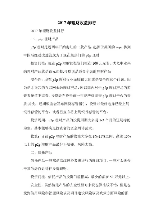 2017年理财收益排行