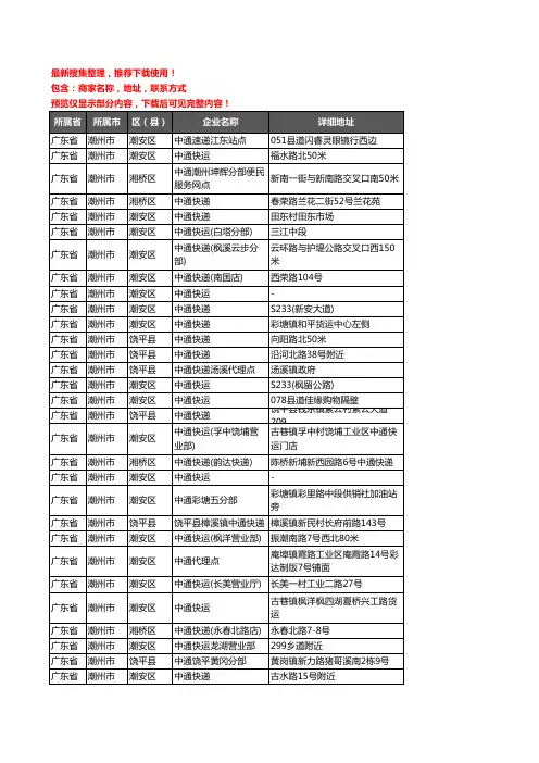 新版广东省潮州市中通快递企业公司商家户名录单联系方式地址大全77家