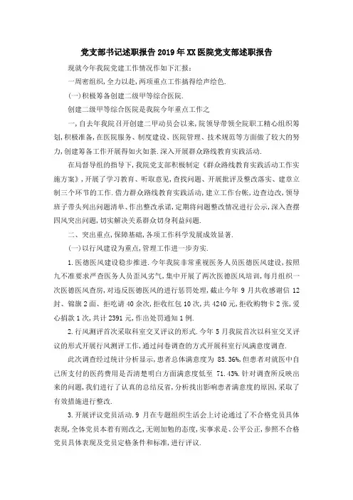 党支部书记述职报告 2019年某某医院党支部述职报告 精品