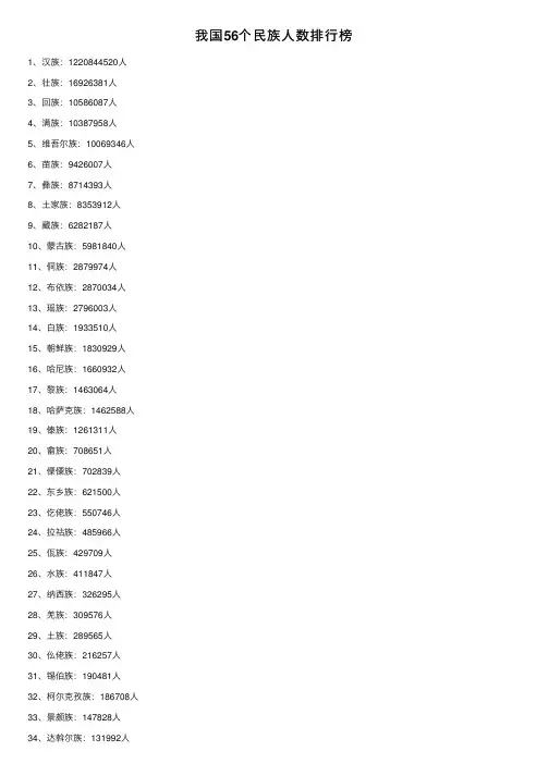 我国56个民族人数排行榜