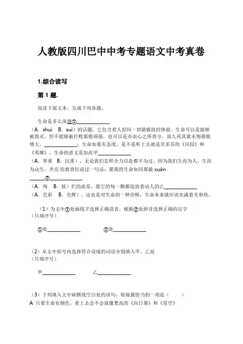 人教版四川巴中中考专题语文中考真卷试卷及解析