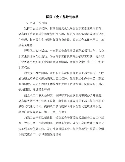 医院工会工作计划表格