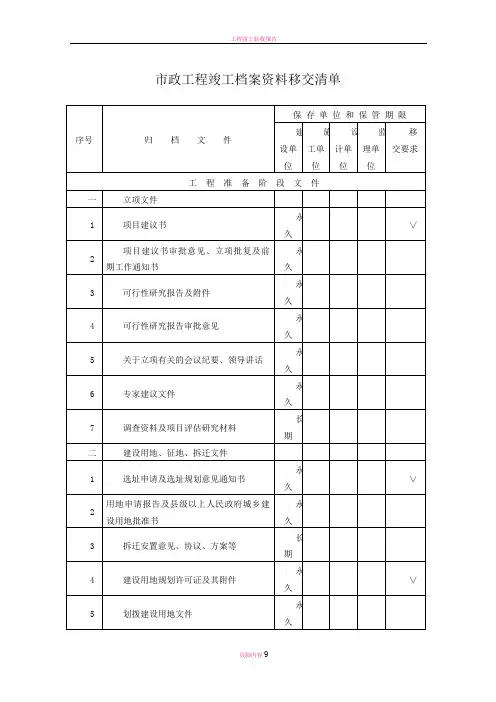 市政工程工程资料移交清单
