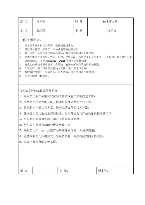 技术部岗位职责及任职要求