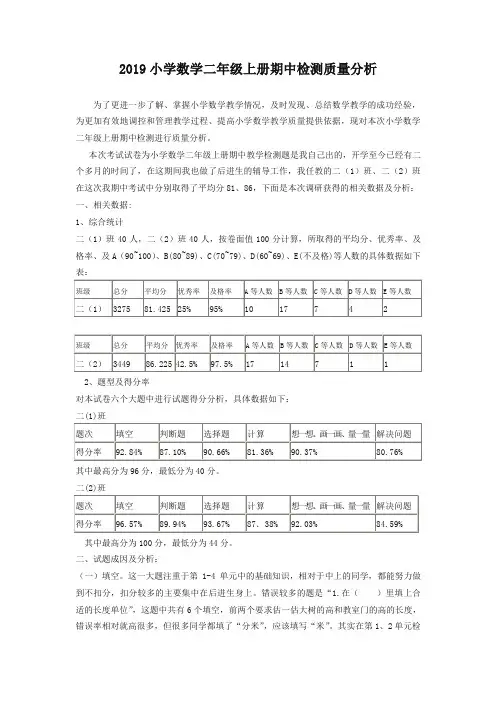 2019年秋小学数学二年级上册期中检测质量分析-精品推荐