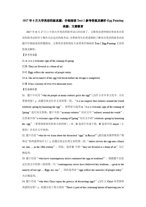 2017年6月大学英语四级真题：仔细阅读Text 2参考答案及解析-Egg Painting