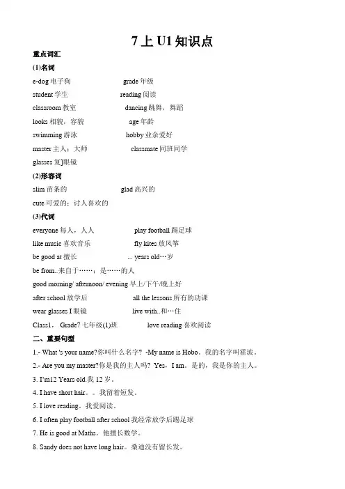 值得推荐牛津译林版7年级上册Unit1知识点整合 词汇句型语法练习