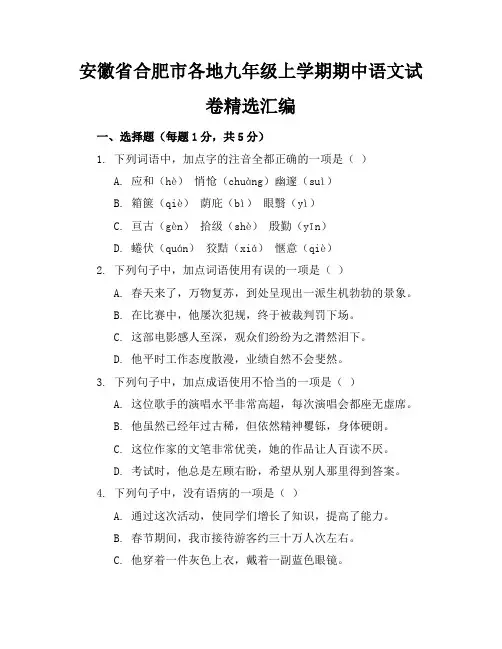 安徽省合肥市各地九年级上学期期中语文试卷精选汇编