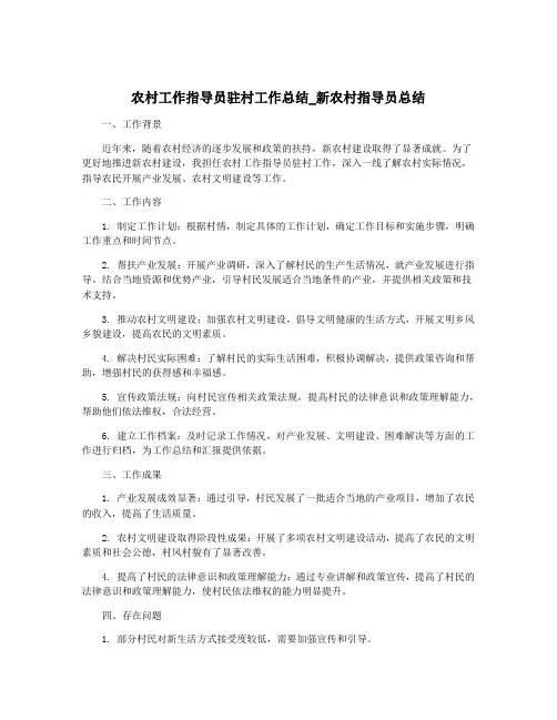 农村工作指导员驻村工作总结_新农村指导员总结