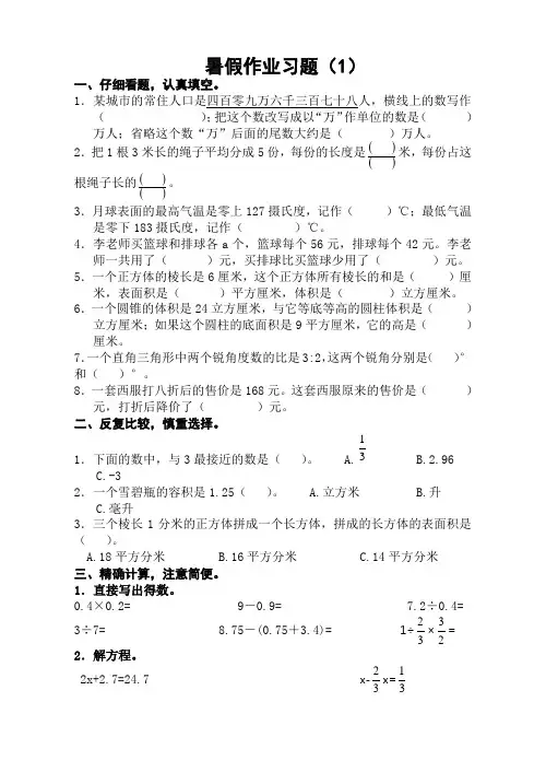 苏教版小学六年级数学暑假作业