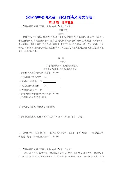 安徽省中考语文第一部分古诗文阅读专题一文言文阅读第12篇北冥有鱼作业(含答案)