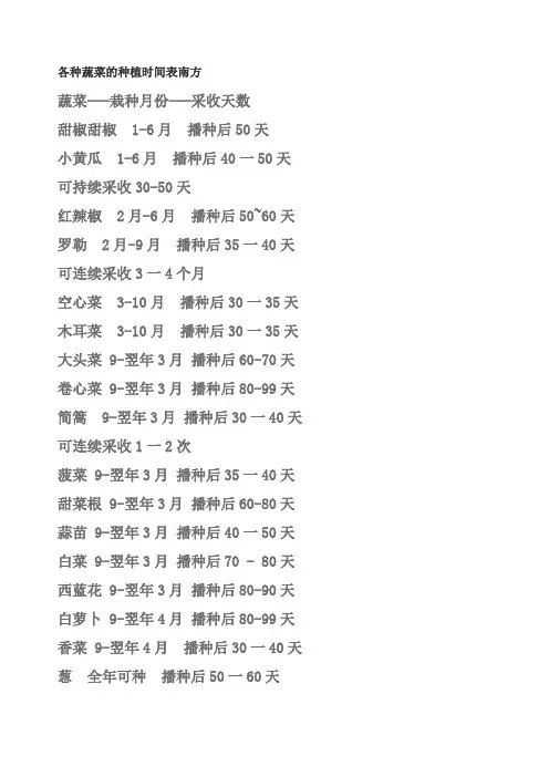 各种蔬菜的种植时间表南方