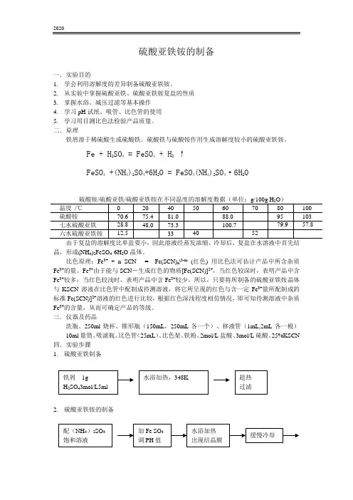 硫酸亚铁铵的制备实验报告2020年