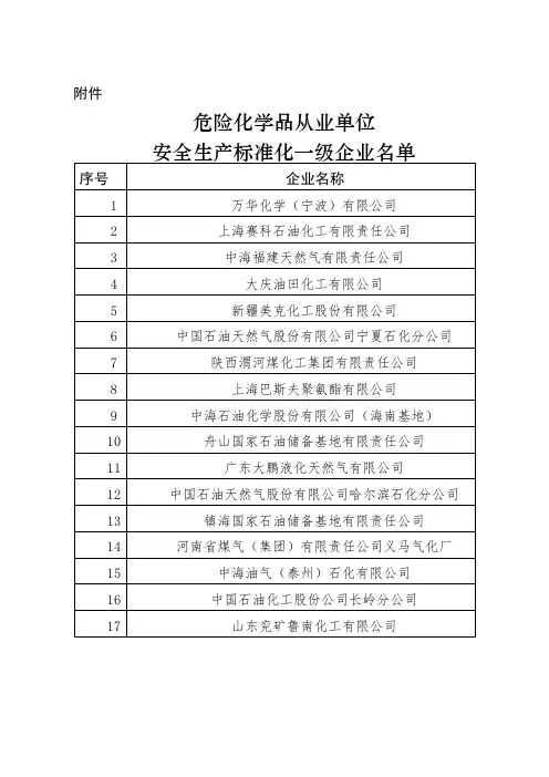 危险化学品从业单位安全生产标准化一级企业名单