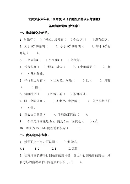 (完整版)北师大版六年级下册总复习《平面图形的认识与测量——基础达标训练》