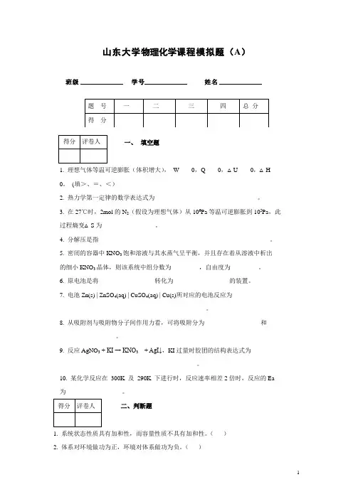 山东大学物理化学课程模拟题 汇编