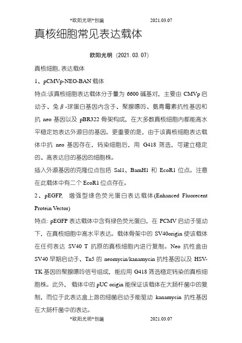 2021年真核细胞常见表达载体