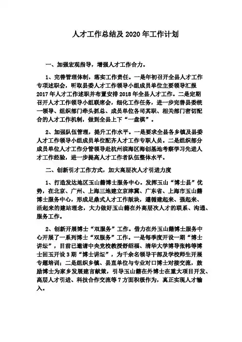 人才工作总结及2020年工作计划