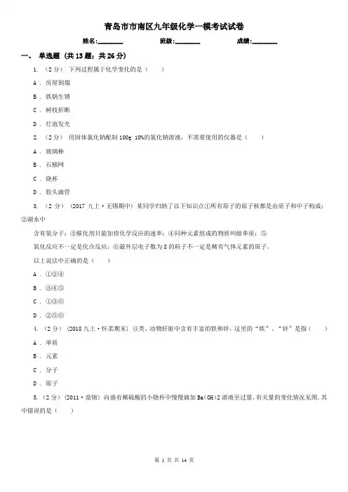 青岛市市南区九年级化学一模考试试卷