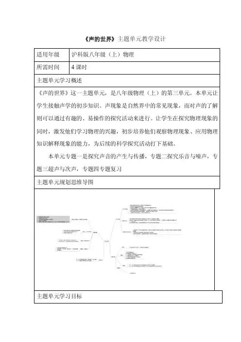 初中物理《声的世界》主题单元教学设计以及思维导图