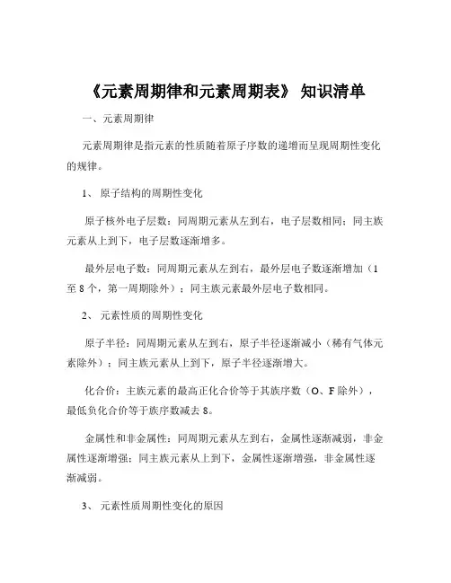 《元素周期律和元素周期表》 知识清单