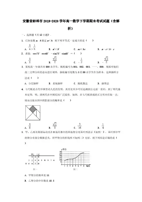 安徽省蚌埠市2019-2020学年高一数学下学期期末考试试题(含解析)