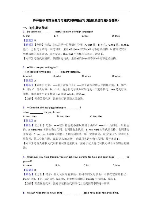 译林版中考英语复习专题代词解题技巧(超强)及练习题(含答案)