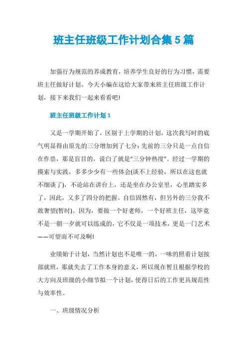 班主任班级工作计划合集5篇