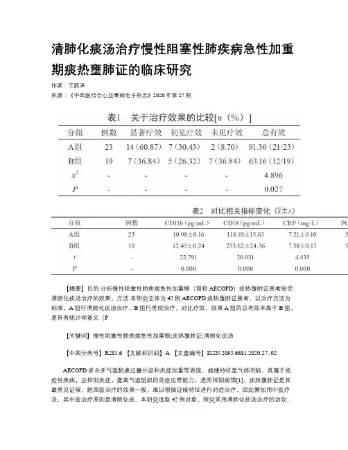 清肺化痰汤治疗慢性阻塞性肺疾病急性加重期痰热壅肺证的临床研究