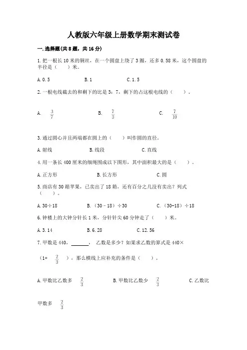人教版六年级上册数学期末测试卷(考点精练)
