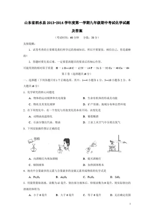 山东省泗水县2013-2014学年度第一学期九年级期中考试化学试题及答案