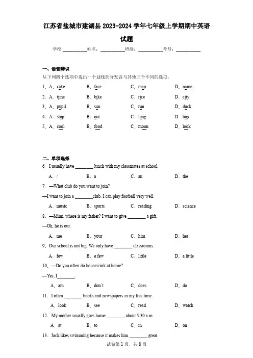 江苏省盐城市建湖县2023-2024学年七年级上学期期中英语试题