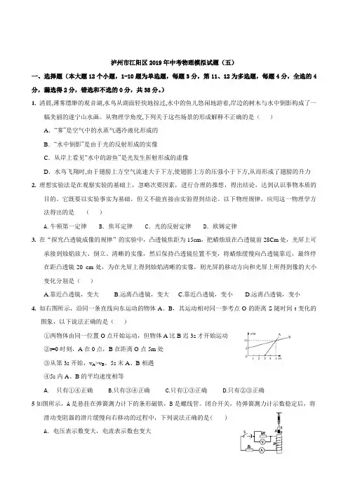 泸州市江阳区2019年中考物理模拟试题(五)