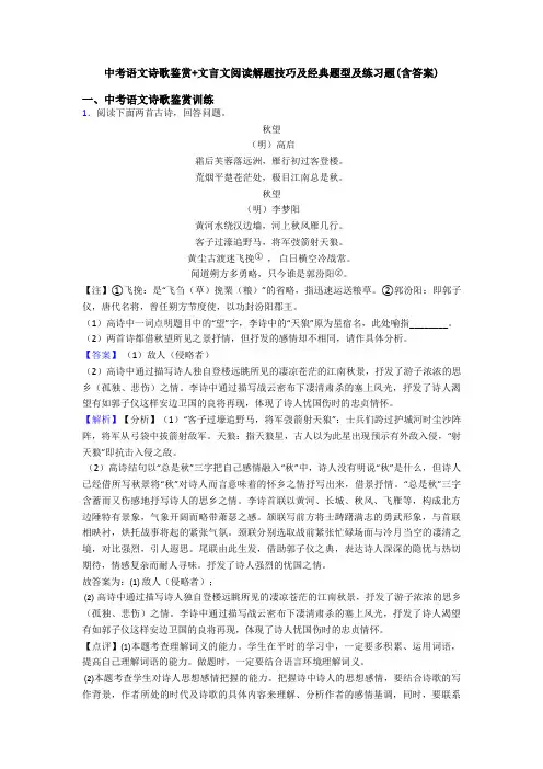 中考语文诗歌鉴赏+文言文阅读解题技巧及经典题型及练习题(含答案)