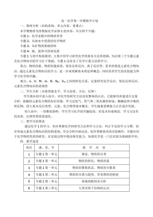 苏教版高一化学教学计划