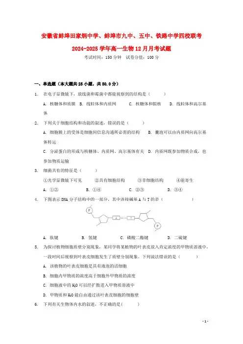 安徽省蚌埠田家炳中学蚌埠市九中五中铁路中学四校联考2024_2025学年高一生物12月月考试题