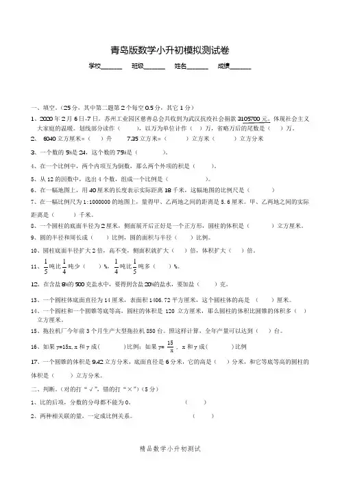青岛版数学小升初模拟试卷含答案