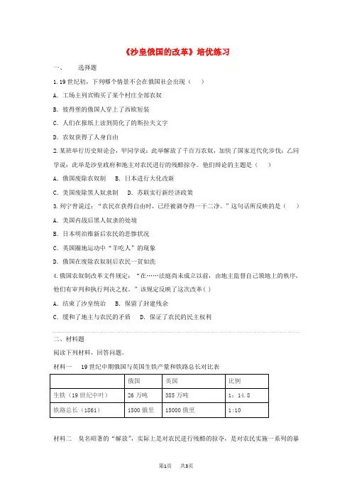 九年级历史上册第六单元资本主义的扩张第21课沙皇俄国的改革培优练习中华书局版