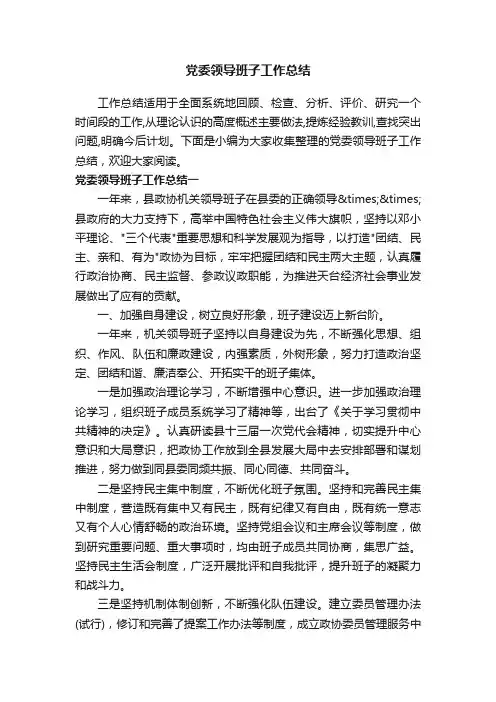 党委领导班子工作总结