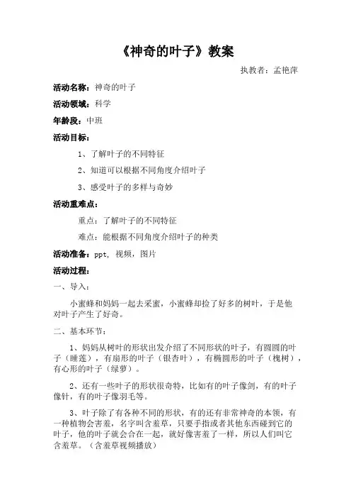 幼儿园中班科学《神奇的叶子》教案