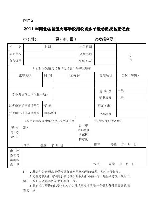2011年湖北省普通高等学校招收高水平运动员报名登记表