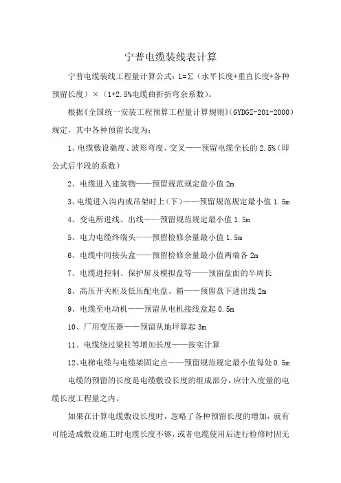 宁普电缆装线表计算