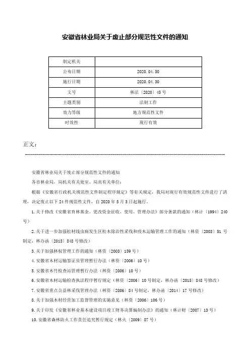 安徽省林业局关于废止部分规范性文件的通知-林法〔2020〕45号
