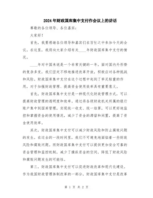 2024年财政国库集中支付作会议上的讲话