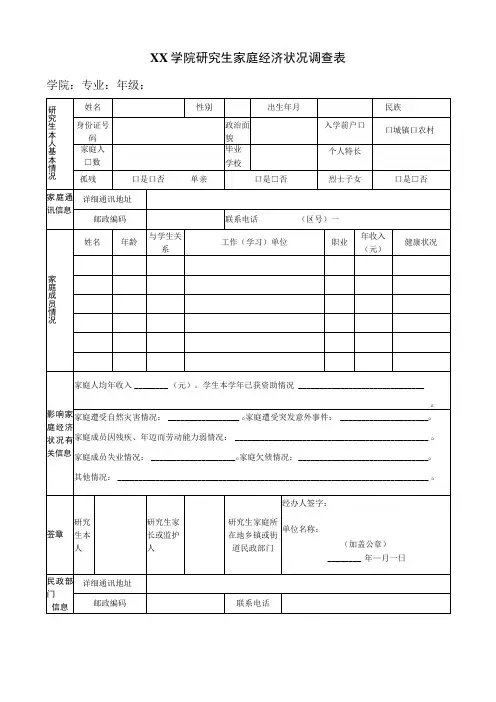 XX学院研究生家庭经济状况调查表2023年模板范本